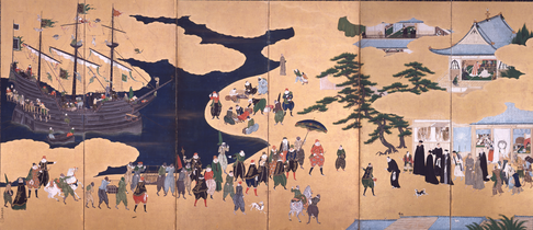 Nanban trade by Kanō Naizen, 1600ح. 1600. The screen shows Portuguese merchants docking in Japan.