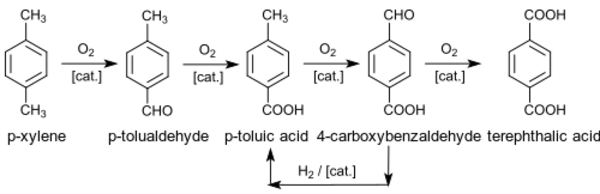 أكسدة پ-الزايلين إلى حمض الترفتاليك.