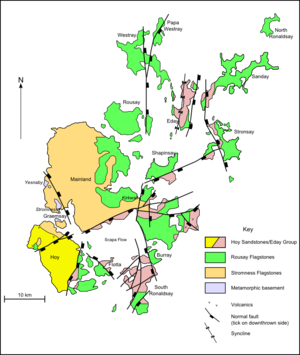 A map of the geology of Orkney. Hoy to the south west is predominantly formed from Hoy/Eday Sandstones. The Mainland at centre is largely Stromness flagstones with Rousay flagstones to the east. The North and South Isles are a mixture of Eday and Rousay sandstones.