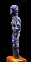 Egyptian statuette, 3300–3000 BC. The lapis lazuli material is thought to have been imported through Mesopotamia from Afghanistan. Ashmolean.[20][14]
