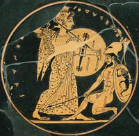 Athena, holding a spear and shield, slays a Giant