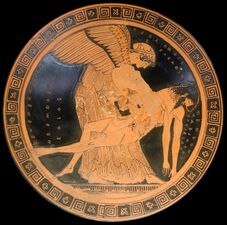 A winged Eos holds a man's body in her arms