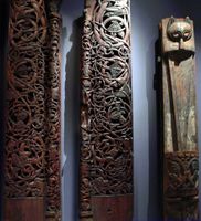 Parts of a Norwegian wooden doorway, 12th century, in the Urnes style