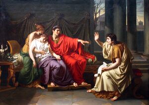 Painting of a group of four people in Roman dress. One of them reads from a scroll.