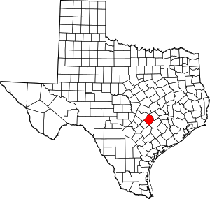 Map of Texas highlighting Bastrop County