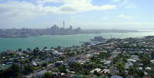 Devonport and the Waitemata Harbour from atop Mount Victoria. Auckland CBD in the distance.