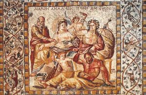 لوحة فسيفساء أعراس أو افراح أريان وبونيزوس، ويمكت تسميتها لوحة الفصول الأربعة وتمثل الالهة جالسة على العرش وحولها هالة الألوهية أو القداسة وتوضح الالهة أريان وهي تتزين بالحلى الكثيرة (عقود، اساور، خواتم، اقراط..) ويقف دينيزوس حاملا الصولجان، وتتضمن اللوحة صور هركيوليس، أطار اللوحة مزين بالرسوم النباتية اوراق العنب ومشاهد صيد وموسم قطاف العنب ومن الروعة كذلك زوايا اللوحة تمثل الفصول الأربعة الصيف، الشتاء، الخريف، الربيع.