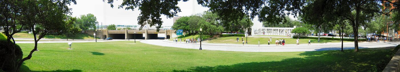 A panoramic view of Dealey Plaza, Dallas, Texas, the location where President John F. Kennedy is assassinated on November 22, 1963.
