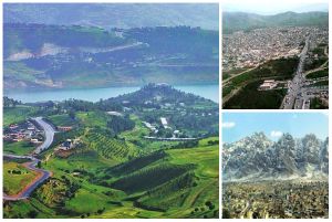 مع عقارب الساعة، من اليسار: السليمانية مع بحيرة دوكان، حلبجة ورانية