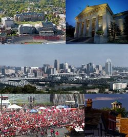 تجاه عقارب الساعة: جامعة سنسناتي, متحف فنون سنسناتي, وسط مدينة سنسناتي كما يبدو من منتزه دپو في كونڤينگتون، كنتكي، عبر نهر أوهايو، ميدان النانفورة، سنسناتي، ومباني على أطراف غابة جبل أيري.