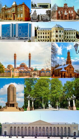 أعلى اليسار: المسجد الجامع، أعلى اليمين: ضريح نظامي، ثاني يسار: المجلس الوطني الأذربيجاني، ثاني يمين: متحف گنجه الأثري، ثالث يسار: منتزه خان باقي، ثالث أعلى اليمين: مبنى مدينة گنجه، ثالث أسفل يمين: مركز مؤتمرات گنجه، أسفل اليسار: شارع جواد خان، أسفل يمين: أكاديمية گنجه الحكومية للعلوم