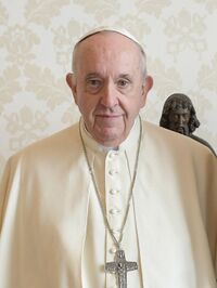 Headshot of Pope Francis. He then was a middle-aged, white man, wearing papal regalia. He is clean-shaven and bald. His dress consists of a white cassock with matching pellegrina and with white fringed fascia, pectoral cross, and white zucchetto.
