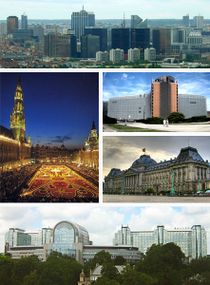 مع عقارب الساعة من أعلى: The الحي الشمالي منطقة الأعمال; the Berlaymont of the المفوضية الاوروبية؛ القصر الملكي في بروكسل؛ إسپاس ليوپولد في البرلمان الاوروبي؛ القصر الكبير