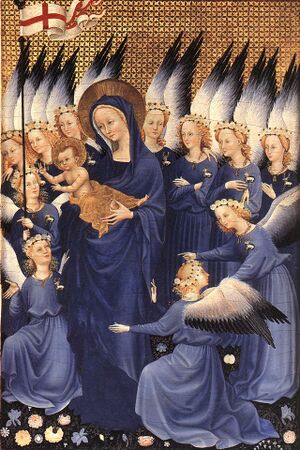 The Wilton Diptych (1395–1399) هو مثال لاستخدام الازورد في إنجلترة القرن الرابع عشر