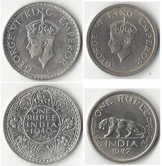 One rupee coins showing George VI, King-Emperor, 1940 (left) and just before India's independence in 1947 (right)[د]