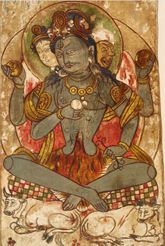 Paintings by the Khotanese artist Yuchi Yiseng or his father Yuchi Bazhina (尉遲跋質那), Tang dynasty (618-907 AD) Left: painting of an Indian deity on the obverse of a painted panel, most likely depicting Shiva Right: painting of a Persian deity on the reverse of a painted panel, probably depicting the legendary hero Rustam