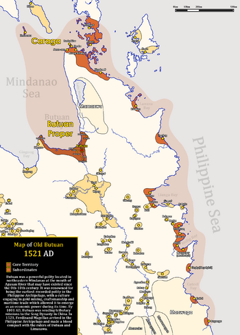 Map of Butuan in 1521, with Butuan proper (colored dark brown), its controlled territories (brown), and territories under its influence (light brown).