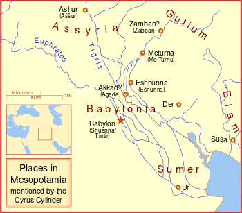 Map showing various places in Mesopotamia mentioned by the Cyrus Cylinder.