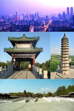 مع عقارب الساعة من أعلى: وسط تاي‌يوان، الپاگودا الشرقية في معبد الپاگودتين التوأم، معبد جين‌تسي، منتزه لونگ‌تان.