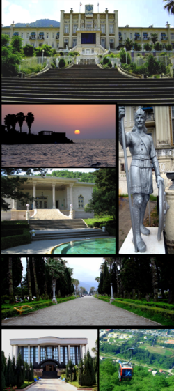 من أعلى اليسار: فندق رامسر القديم، الغروب على بحر قزوين، تمثال اسفنديار، قصر رامسر الرخامي، ممشى فندق رامسر، حرم جامعة مازندران في رامسار وگندولا رامسار على اليسار.