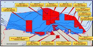 خريطة توضح بلوكات ومناطق مزاد امتيازات البحر المتوسط في 2012. أرقام البلوكات تغيرت بعد 2012، إلا أن أسماء البلوكات مازالت لم تتغير. المصدر: [3].