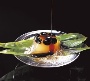 a translucent jelly with black soybeans visible inside