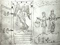 In this illustration from page 46 of the Caedmon manuscript, an angel is shown guarding the gates of paradise, after Adam and Eve have been expelled.