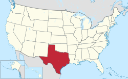A map of the United States of America showing the location of the state of Texas.