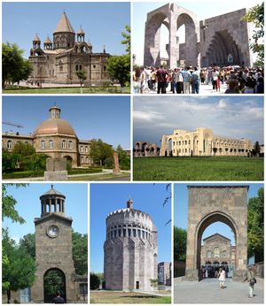 Mother See of Holy Etchmiadzin، من أعلى اليسار: كاتدرائية إتشميادزين • بوابة القديس گريگوري والمذبح معهد گڤوركيان الديني • مكتبة ڤاتشه و تمار مانوكيان للمخطوطات برج الساعة • كنيسة كبار الملائكة المقدسين • بوابة الملك تردات والمقر البابوي في ڤهران