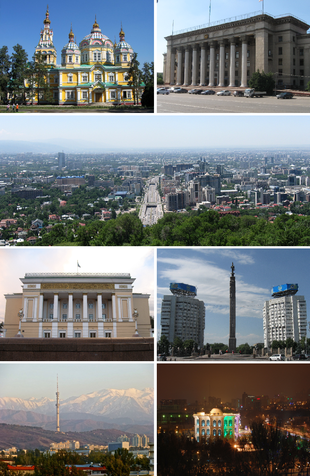 تجاه عقارب الساعة من اليسار: كاتدرائية الصعود، ألماطي في منتزه پانيفيلوڤ؛ الجامعة التقنية القزخية-البريطانية؛ صورة پانورامية لألماطي من على تلال كوك توبى؛ دار أوپراأباي؛ النصب التذكاري للمحارب الذهبي في ميدان الجمهورية؛ صورة لبرج ألماطي؛ صورة لألماطي ليلاً.