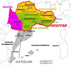 خريطة لهجات اللهجة الأوكسيتانية الرومانسية بما في ذلك التقسيم الفرعي للگاسكون.