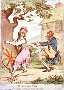 Fashion before Ease;—or,—A good Constitution sacrificed for a Fantastick Form G.W. invt. [Gillray f.] SUMMARY: Cartoon showing Britannia clasping trunk of a large oak, while Thomas Paine tugs with both hands at her stay laces, his foot on her posterior. From his coat pocket protrudes a pair of scissors and a tape inscribed: Rights of Man. Behind him is a thatched cottage inscribed: Thomas Pain, Staymaker from Thetford. Paris Modes, by express.