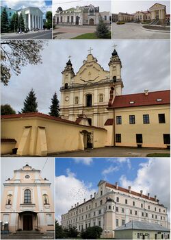أعلى: جامعة پولسكي الحكومية، Paliessie Drama Theater, Palace of Butrymowicz, وسط:Pinsk Blessed Virgin Mary's Cathedral, أسفل:Pinsk Saint Barbara Church, Pinsky Jesuit Collegium (all item from left to right)