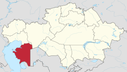 Map of Kazakhstan, location of Mangystau Province highlighted