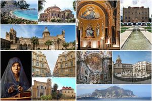 تجاه عقارب الساعة من أعلى: Mondello, Teatro Massimo, Cappella Palatina, Zisa, Cathedral, Virgin Annunciate of Antonello da Messina, Quattro Canti in Maqueda Street, Churches of Martorana and San Cataldo, Interior of Santa Caterina Church, Pretoria Square and Mount Pellegrino