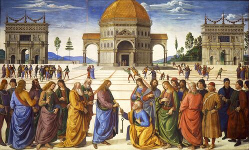 The Delivery of the Keys fresco, 1481–1482, Sistine Chapel, by Perugino (1481–1482), features both linear perspective and Brunelleschi's architectural style