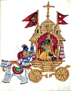 An 1830 CE painting depicting Arjuna, on the chariot, paying obeisance to Lord Krisha, the charioteer.