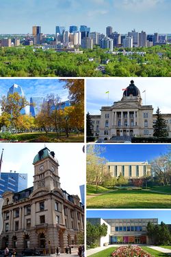 From top to bottom; left to right: Downtown, Victoria Park, Saskatchewan Legislative Building, Prince Edward Building, Dr. John Archer Library and the Royal Saskatchewan Museum