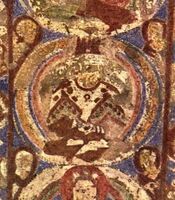 Buddha wearing a crown and cape. Painting in niche "I" at Bamiyan, 7th century CE.[43][44]