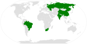 World map with BRICS countries highlighted