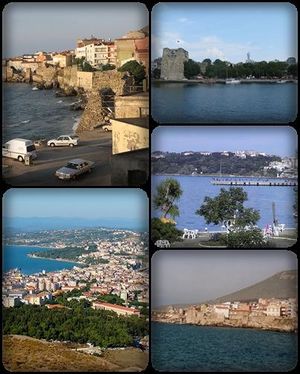 كولاج صورة من سينوپ، تركيا. Top left: view of Sinop North Wall, nearby Demirci and Bezirci area; top right: Sinop Fortress and Port of Sinop; middle right: View of Plaj Yolu, nearby Sinop Anadolu Imam Hatip College from Baris Manco Park; bottom left: Panorama view of downtown Sinop, from Hippodrome Hill; bottom right: Hamsilos resort area