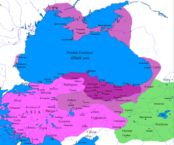 The Kingdom of Pontus at its height: before the reign of Mithridates VI (dark purple), after his early conquests (purple), and his conquests in the first Mithridatic wars (pink)