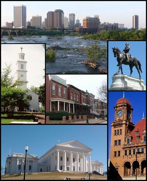 Top: Skyline above the falls of the James River Middle: St. John's Episcopal Church, Jackson Ward, Monument Avenue. Bottom: Virginia State Capitol, Main Street Station