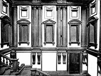 The vestibule of the Laurentian Library has Mannerist features which challenge the Classical order of Brunelleschi's adjacent church.