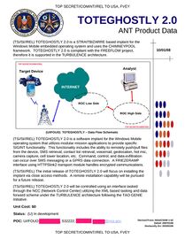 TOTEGHOSTLY 2.0 – Software implant for Windows Mobile capable of retrieving SMS (Short Message Service) text messages, Voicemail and contact lists, as well as turning on built-in microphones and cameras