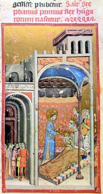 Chronicon Pictum, Hungarian, Hungary, King Stephen, martyr Saint Stephen, Sarolt, mother, baby in the lap, crown, halo, crown, bed, building, arch, palace, castle, medieval, chronicle, book, illumination, illustration, history