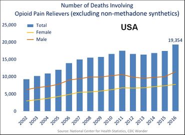 أعداد الوفيات السنوية في الولايات المتحدة المرتبطة بأشباه الأفيونيات. المثيادونات الغير تخليقية هي التصنيف السائد من خلال الفنتانيل المتداول بطريقة غير مشروعة، وتم استثناؤه.[14]