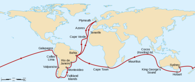 Route from Plymouth, England, south to Cape Verde then southwest across the Atlantic to Bahia, Brazil, south to Rio de Janeiro, Montevideo, the Falkland Islands, round the tip of South America then north to Valparaiso and Callao. Northwest to the Galapagos Islands before sailing west across the Pacific to New Zealand, Sydney, Hobart in Tasmania, and King George's Sound in Western Australia. Northwest to the Keeling Islands, southwest to Mauritius and Cape Town, then northwest to Bahia and northeast back to Plymouth.