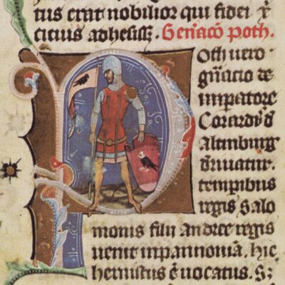 Chronicon Pictum, Hungary, Hungarian nobility, Poth, knight, flag with bird, flag with shield, ancestor, forefather, Bót clan, medieval, chronicle, book, illumination, illustration, history