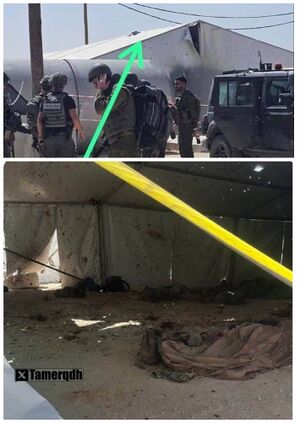 إحدى الخيم التي كان يتمركز بها جنود الجيش الإسرائيلي في منطقة كرم أبو سالم والاصابة التي تعرضت لها بهجوم حماس يوم 5 مايو